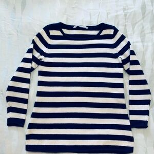 Athleta Navy and White Striped Crew Neck 100% Cashmere Sweater Size L